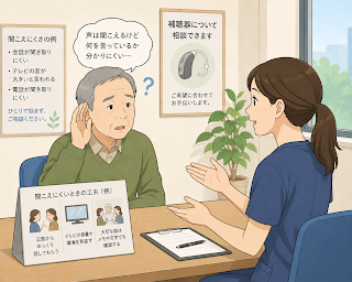 補聴器の説明をしている場面